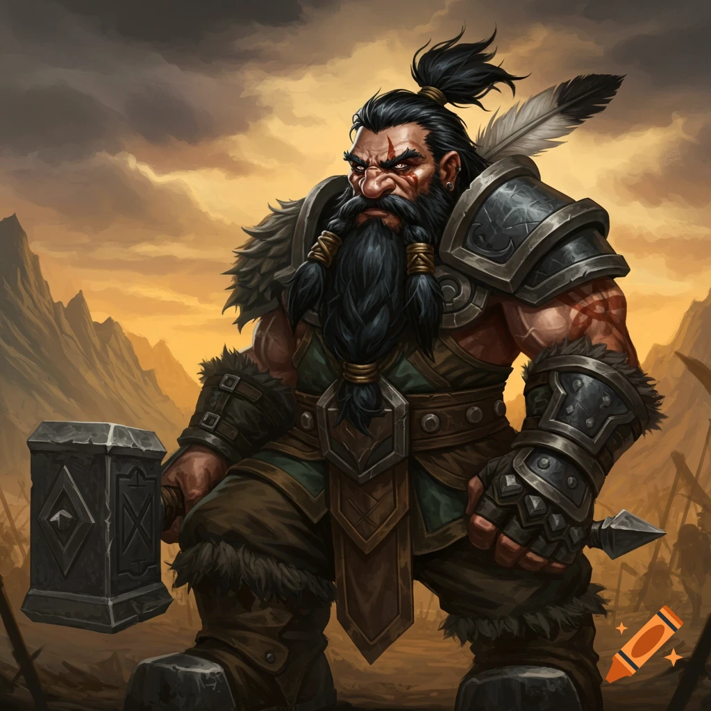 A fantasy dwarf warrior in armor holds a large hammer, standing in a rugged landscape under a stormy sky.