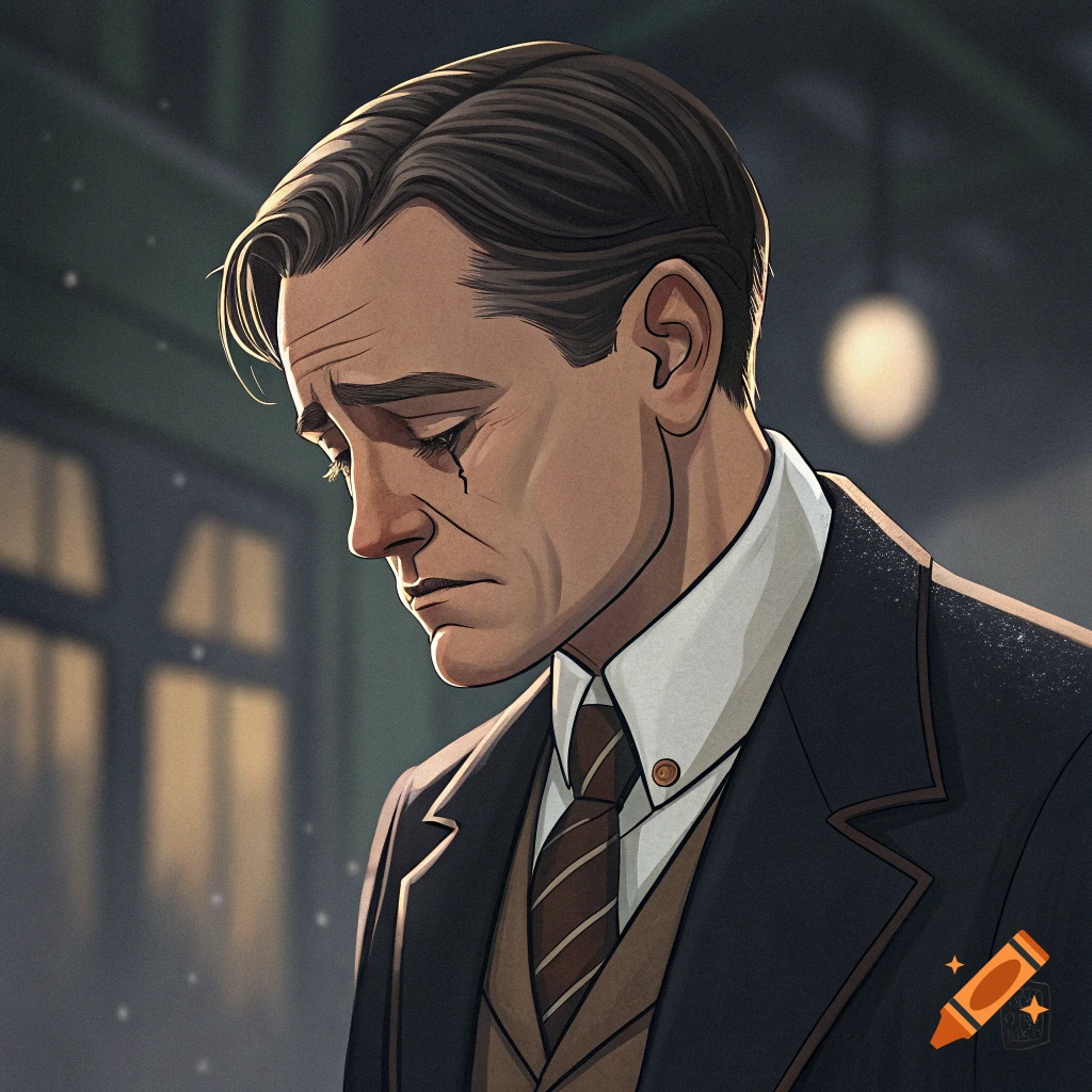 Stylized portrait of a sad man in a suit and tie.