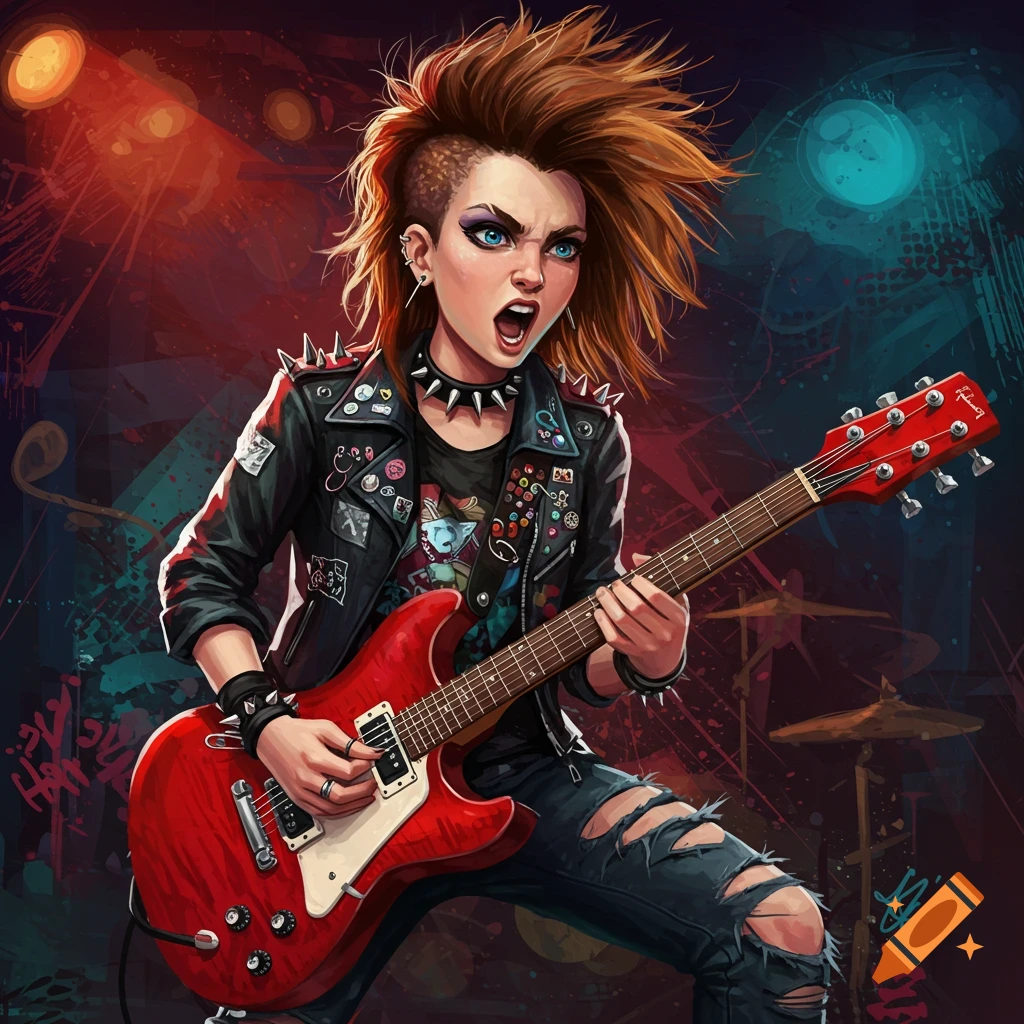 Illustrated punk rock girl with a mohawk playing a red electric guitar on a stage.