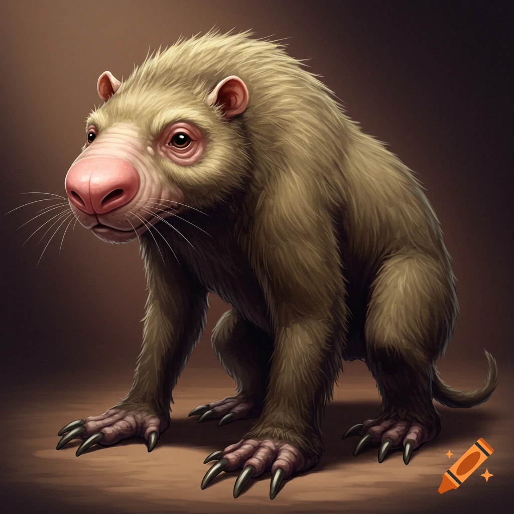 A furry creature with a pink nose and large sharp claws sits and looks left.