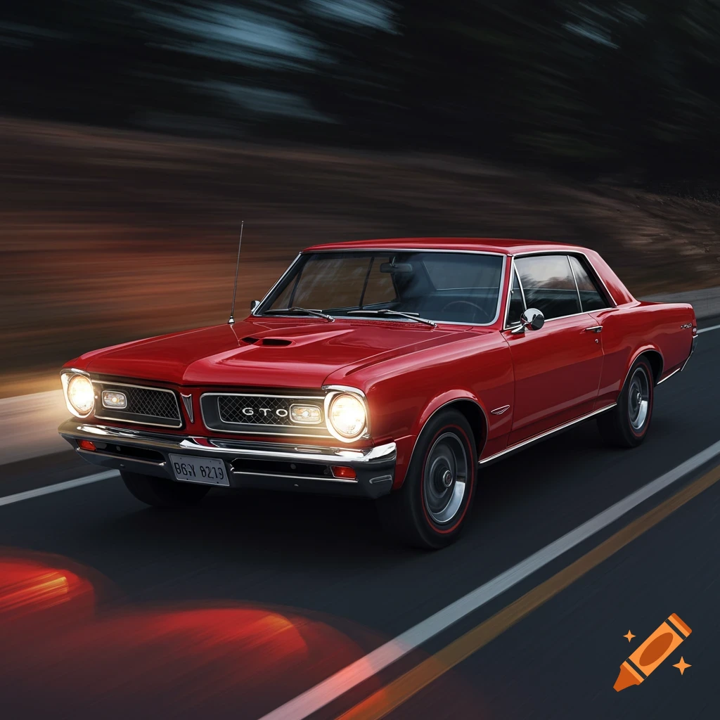 A red classic car, a 1965 Pontiac GTO, speeds down a road at dusk with headlights on.