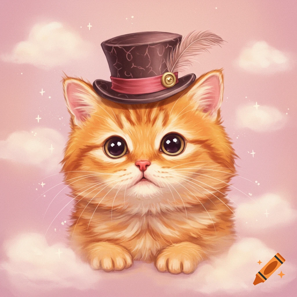 A cute cartoon cat wearing a top hat sits in clouds