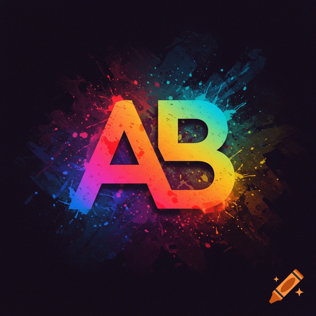Colorful letters AB with paint splatters on a dark background.