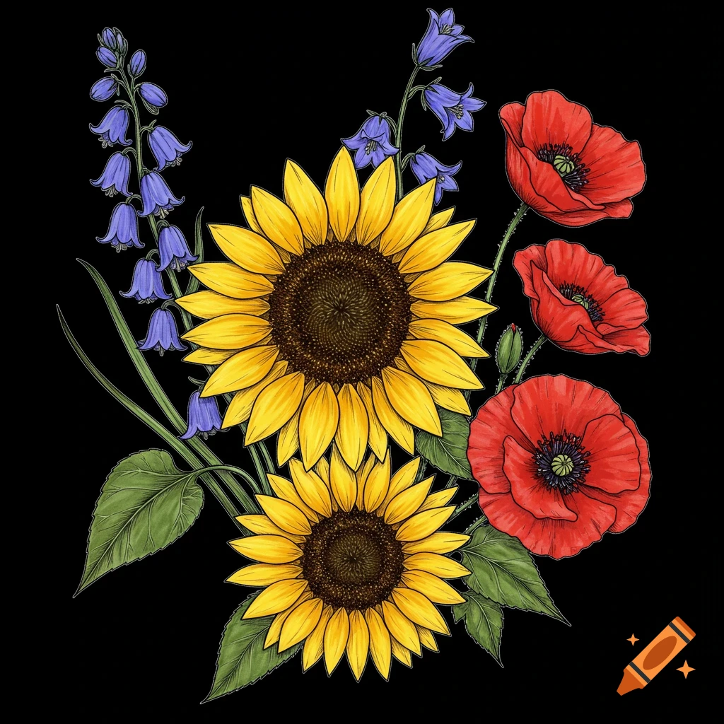 A drawing of sunflowers, bluebells, and poppies on a black background.