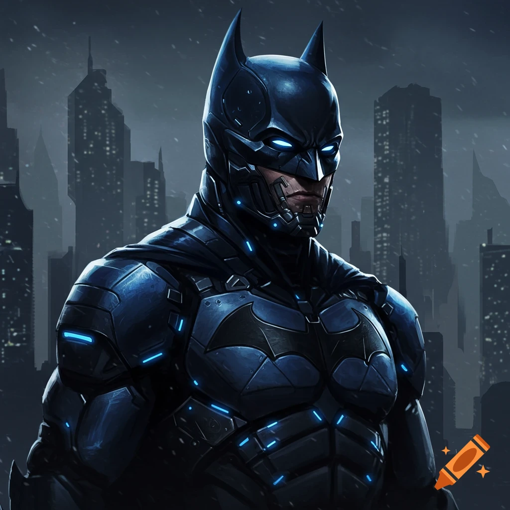 Digital illustration of Batman in an armored suit against a city skyline.