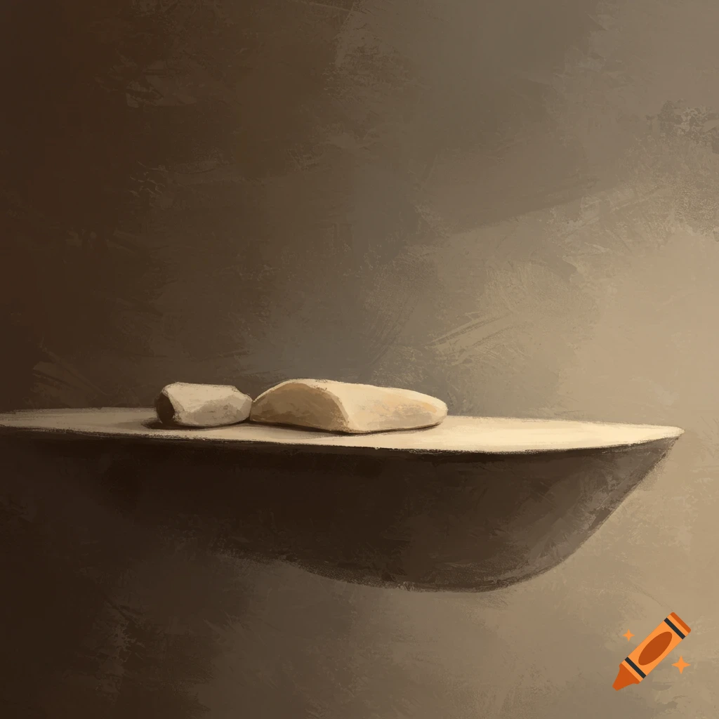Painterly still life of two light-colored rocks on a dark curved surface against a dark background.