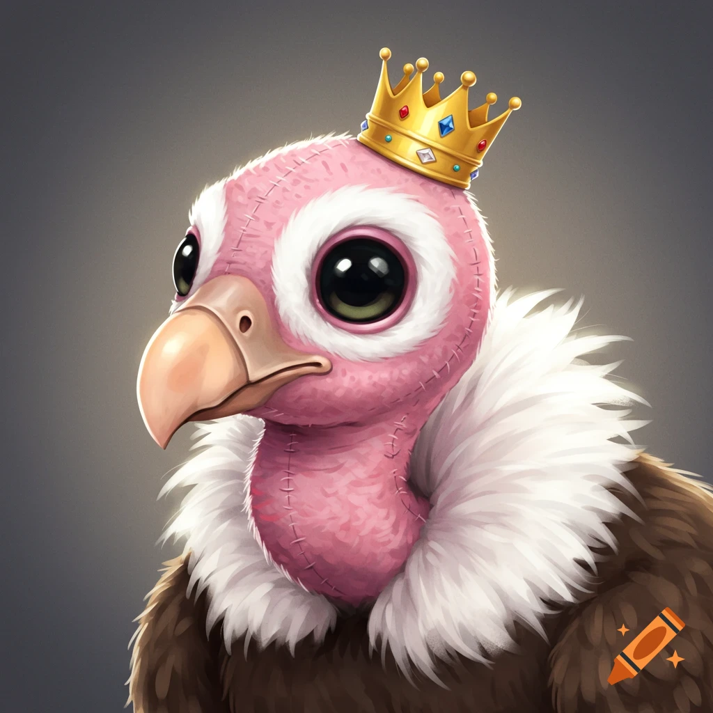 Cute stuffed animal vulture wearing a gold crown.