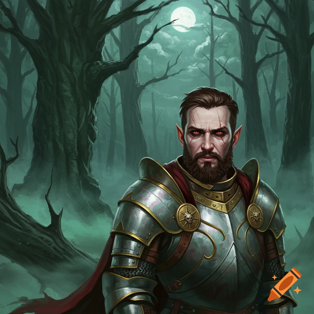 Fantasy portrait of a male character with red eyes in ornate armor standing in a misty dark forest under a moonlit sky.