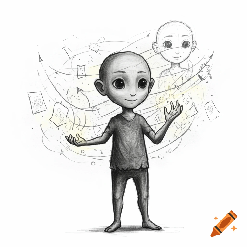 A black and white sketch illustration of a child-like figure radiating creative ideas and drawings.