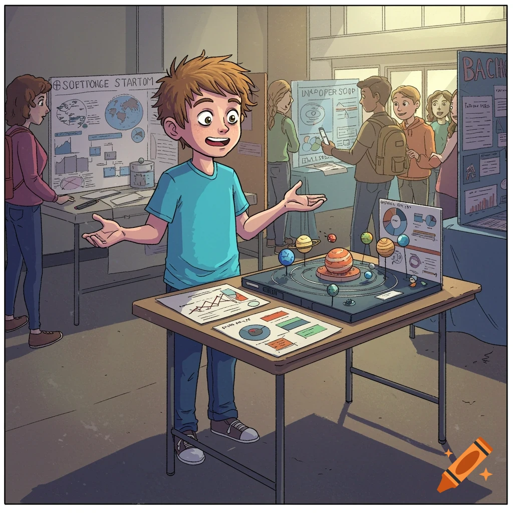 A boy presents a solar system model at a school science fair. Cartoon style.