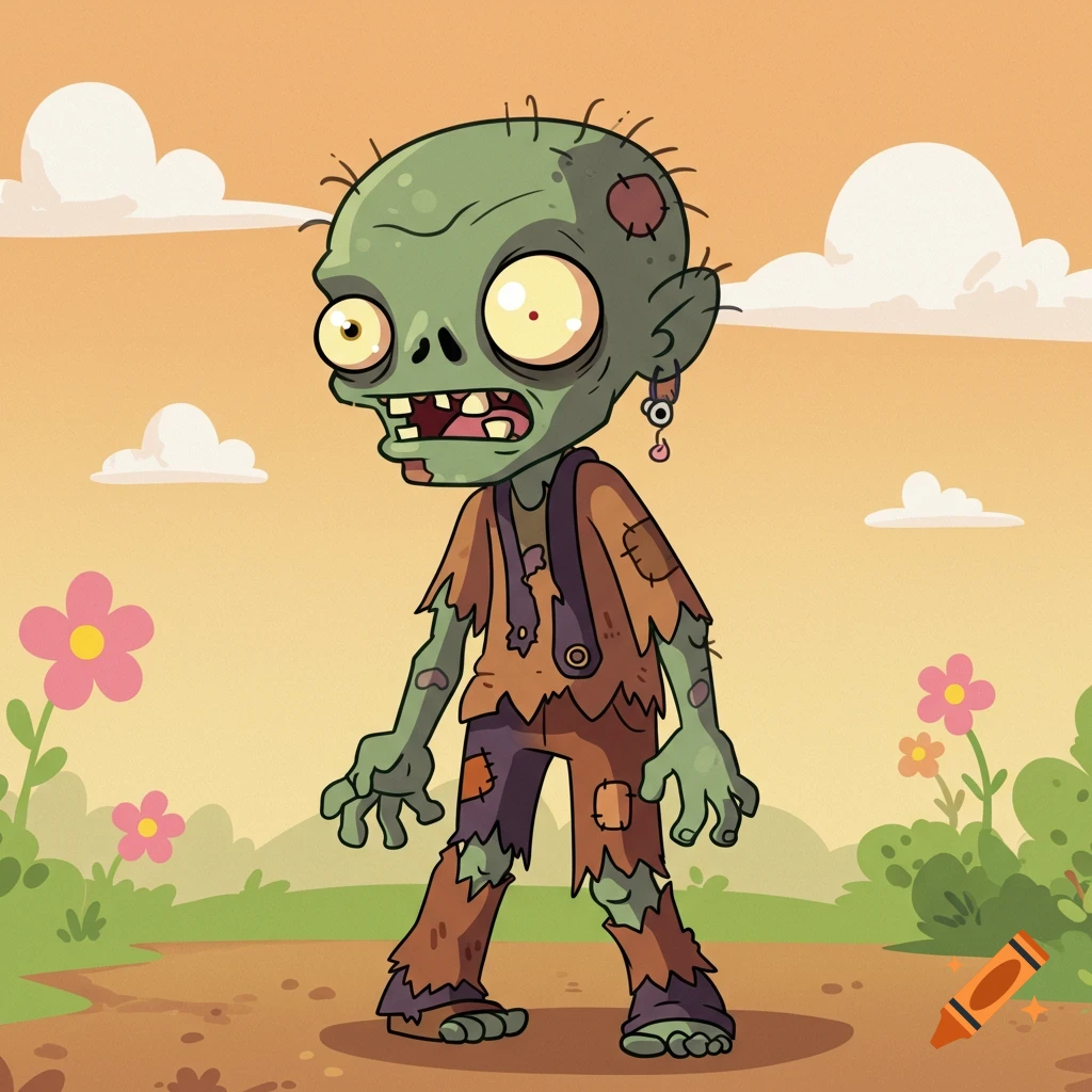 A cartoon zombie character stands in a field with flowers.