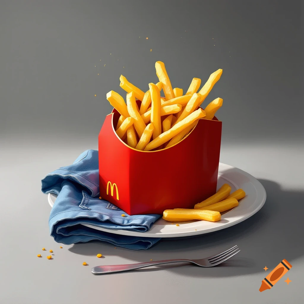 A red box of french fries with a yellow 'M' logo sits on a plate with a blue cloth and fork.