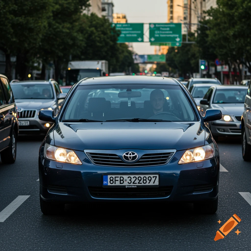 A blue car sits in heavy traffic on a city street.