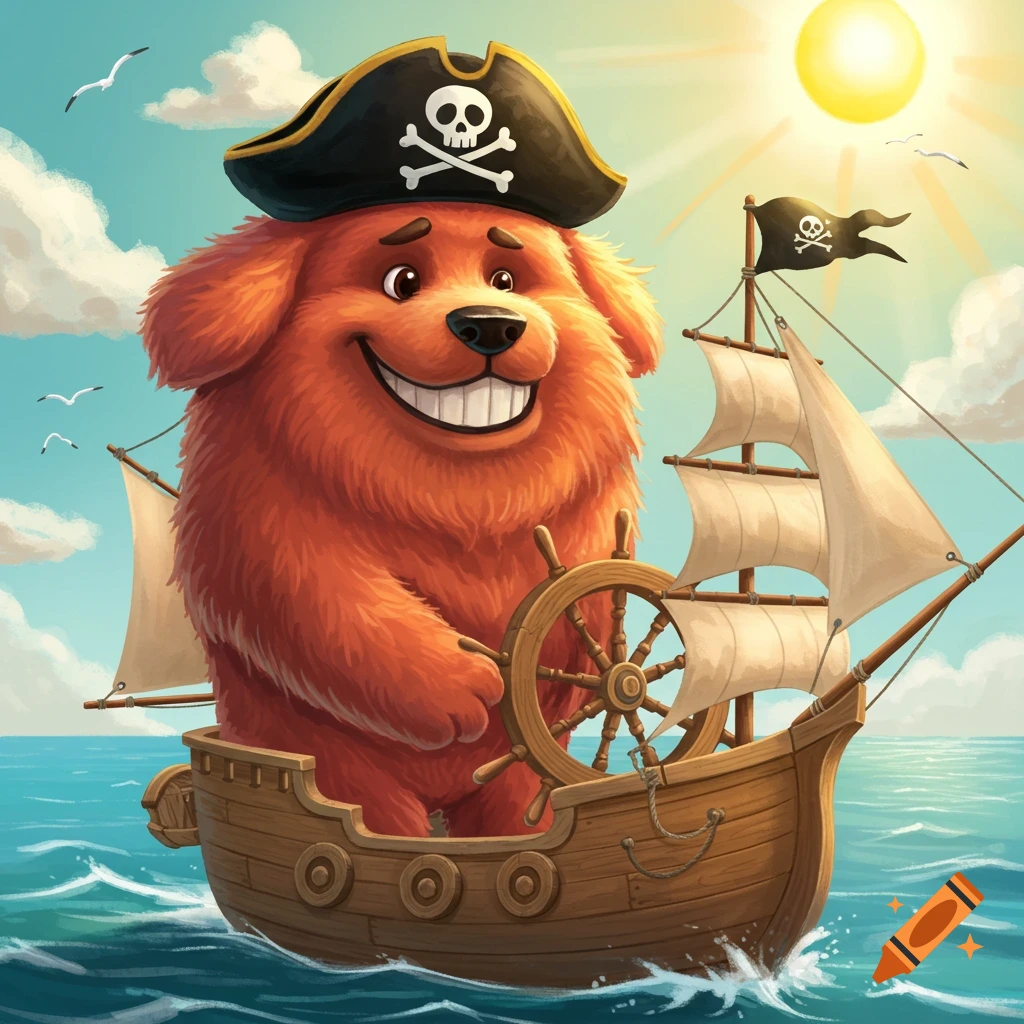 A cartoon red dog wearing a pirate hat steers a wooden sailboat on the ocean under a sunny sky.