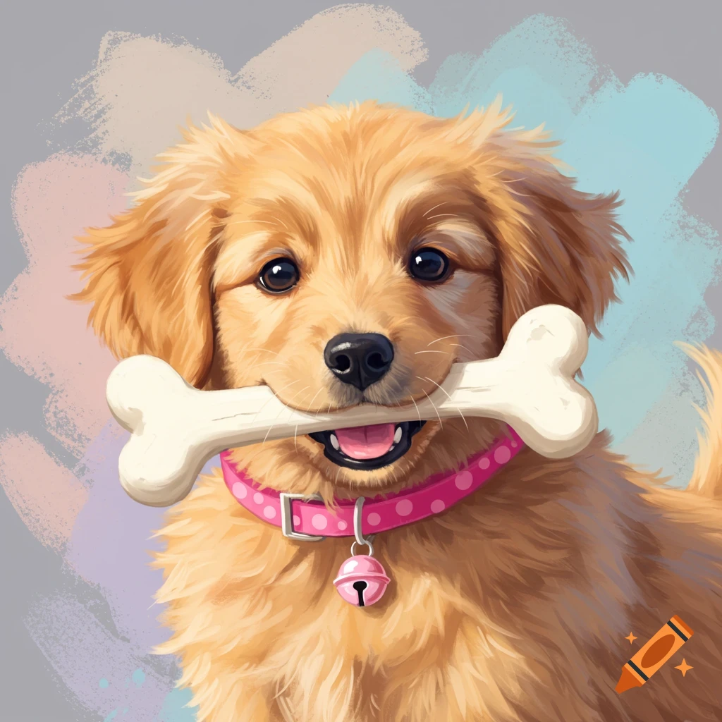 Golden retriever puppy holds a bone in its mouth, wearing a pink collar, artistic background.