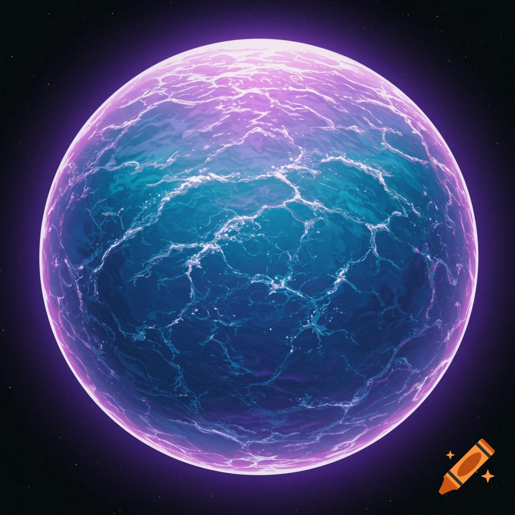 A glowing purple and blue planet with a cracked surface against a starry background.