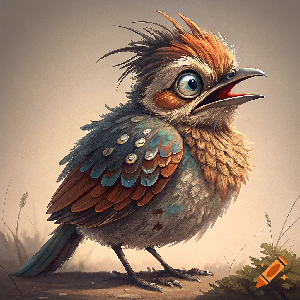 Cartoonish bird with large eyes and open beak in a field