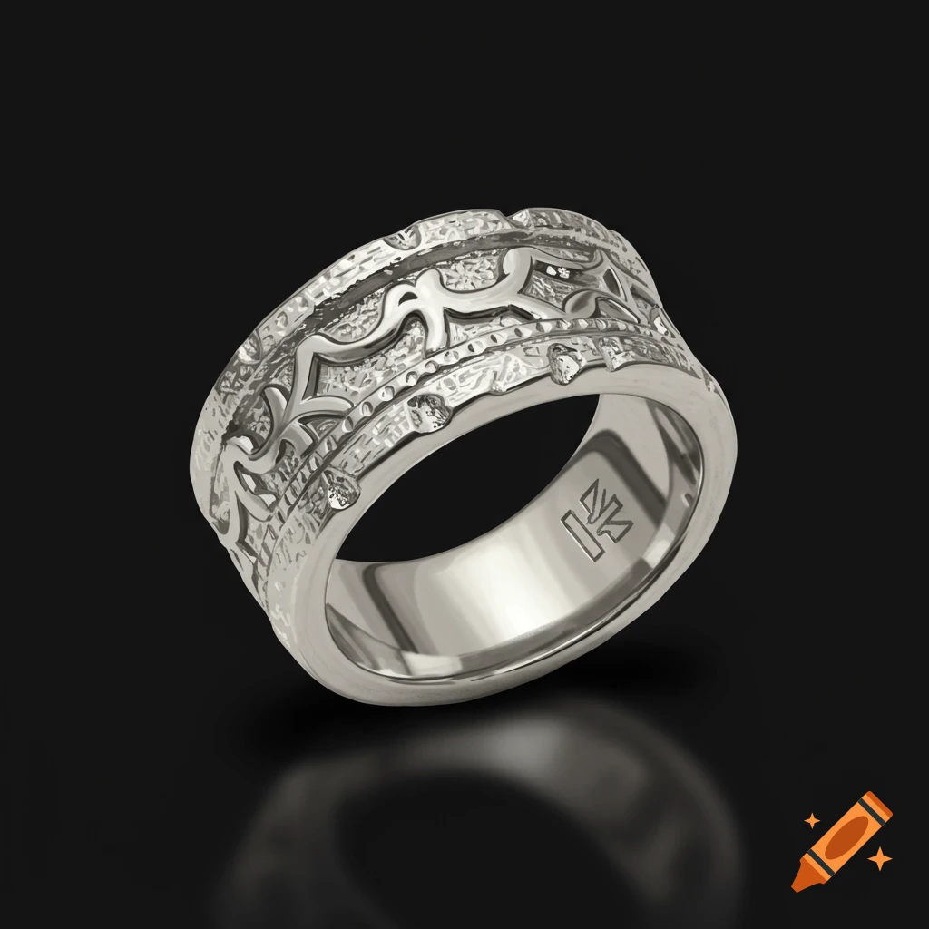 A chunky silver ring with intricate carvings and small gems on a black background.