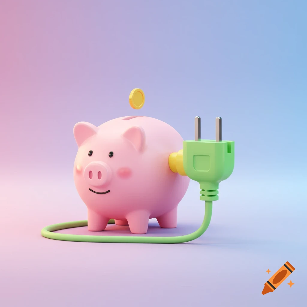A pink piggy bank with a green power plug connected to its side, and a gold coin above. 3D render.