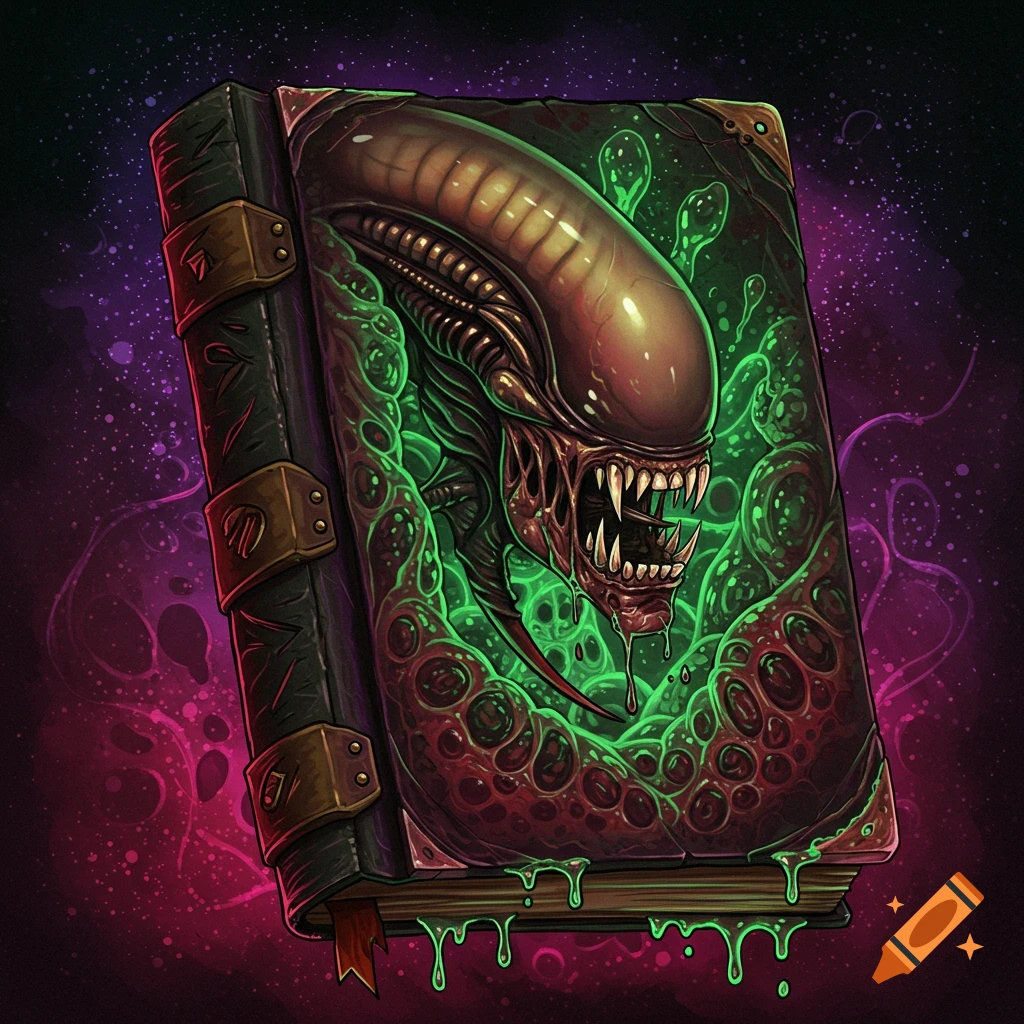 Stylized book cover featuring a Xenomorph alien head with sharp teeth and dripping slime.