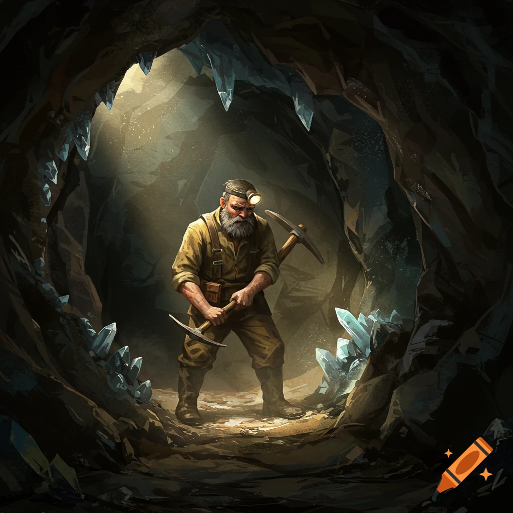 A rugged miner stands in a dark cave holding pickaxes, surrounded by large glowing crystals.
