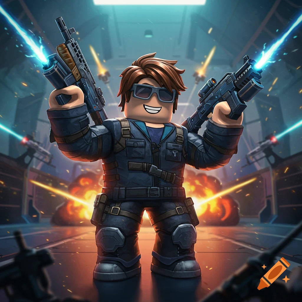 Stylized figure in tactical gear holding guns in a battle scene