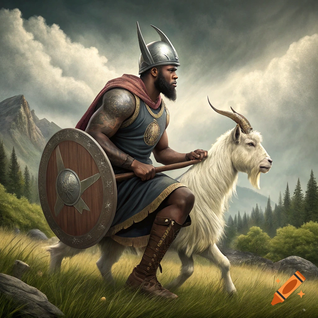 A man resembling LeBron James in a Viking costume rides a goat through a grassy landscape.
