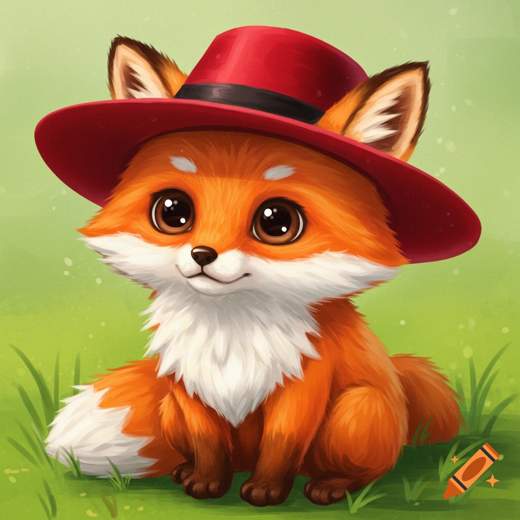 A cute cartoon fox wearing a red hat sits in green grass.