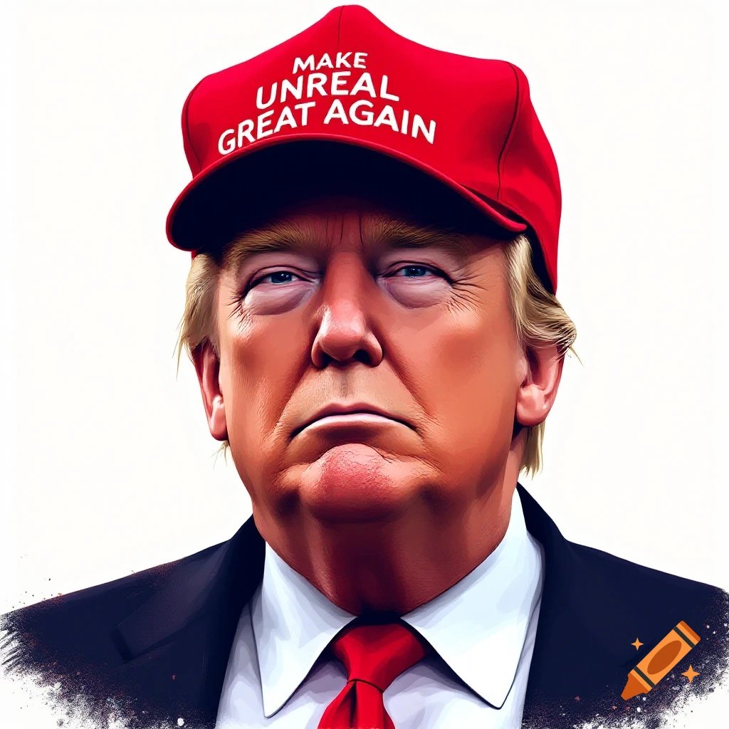 Stylized illustration portrait of a person resembling Donald Trump wearing a red hat that says 'MAKE UNREAL GREAT AGAIN'.