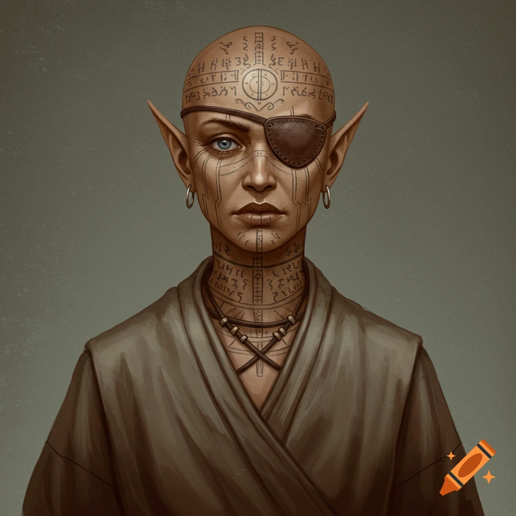 Portrait of an elf high priestess with a shaved head, ancient text tattoos, an eye patch, and an oversized robe.