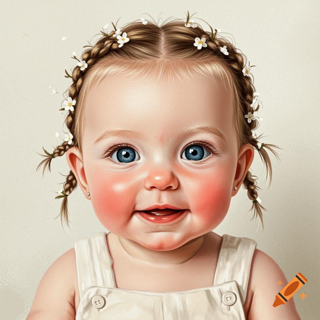 Close-up portrait of a baby with braids and flowers in her hair, smiling.