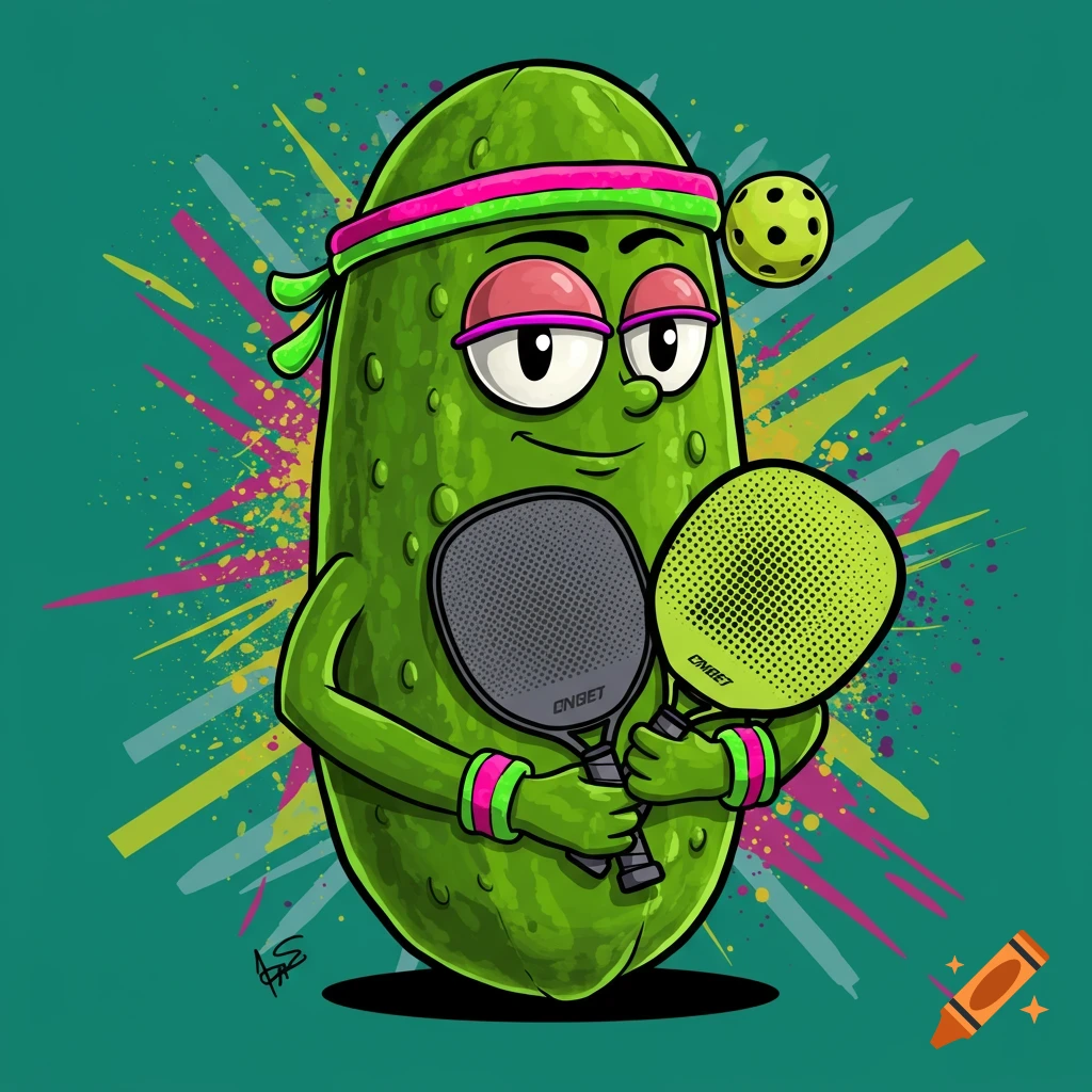 Cartoon pickle with sweatband holding pickleball paddles, pickleball above head