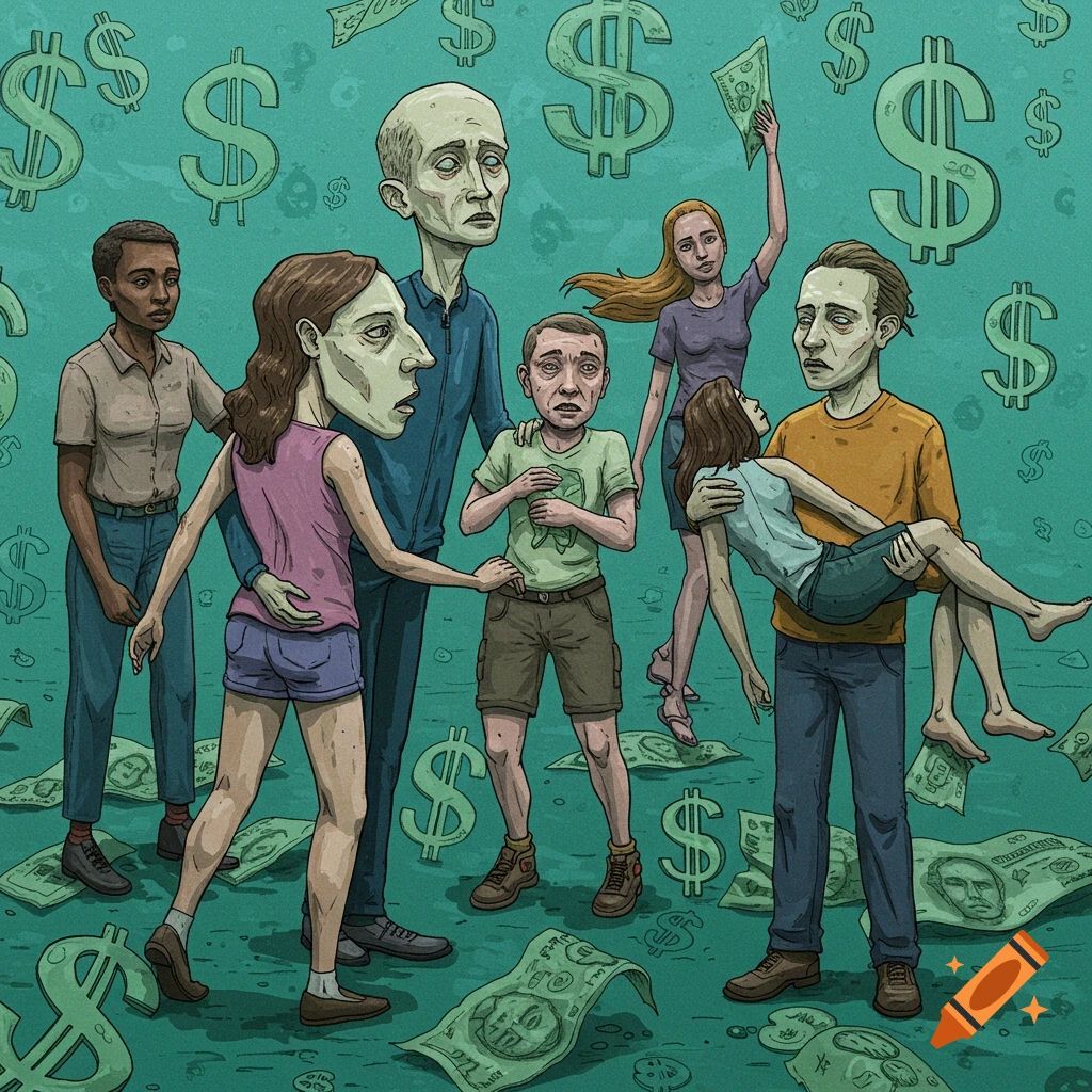 Illustration of anxious people surrounded by dollar signs and money, with some holding bills.