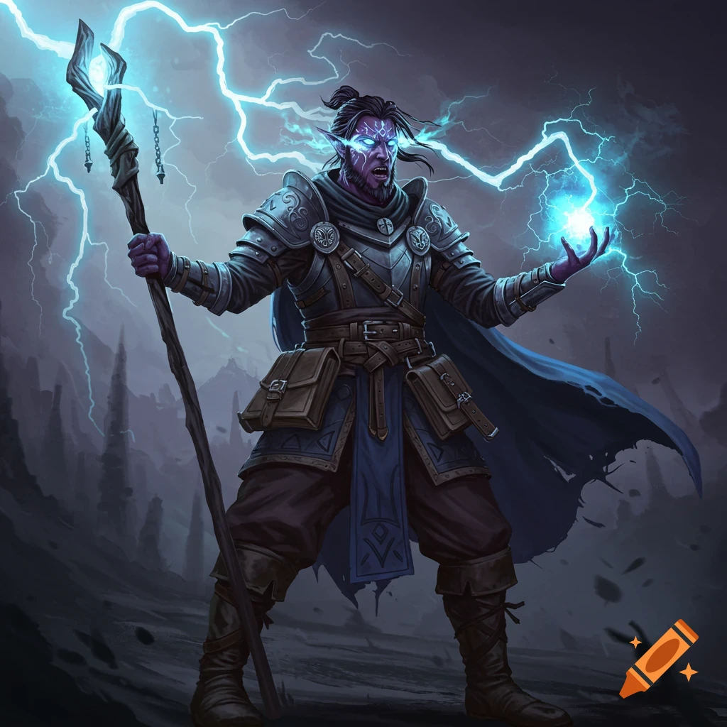 Purple-skinned fantasy sorcerer casting blue lightning spell with a staff.
