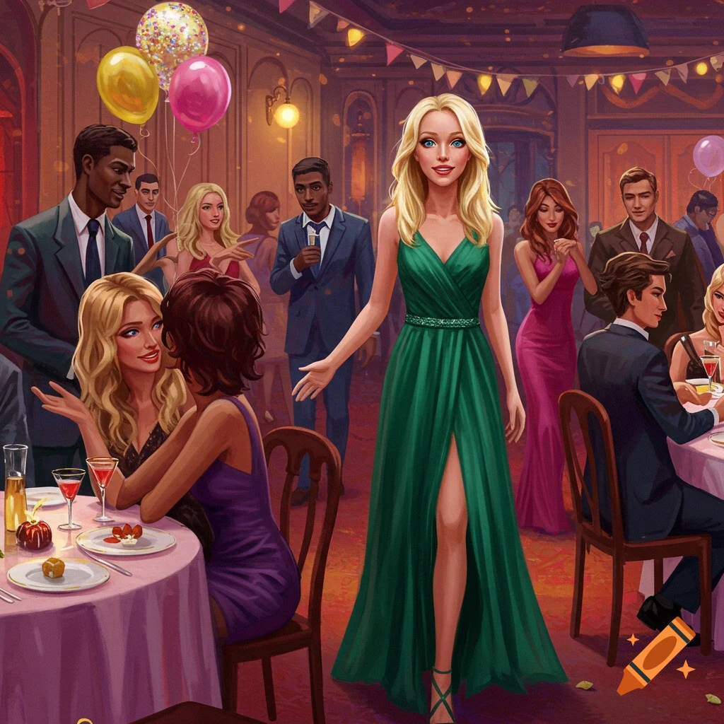 An illustration of a woman in a green dress at a party introducing herself to others.