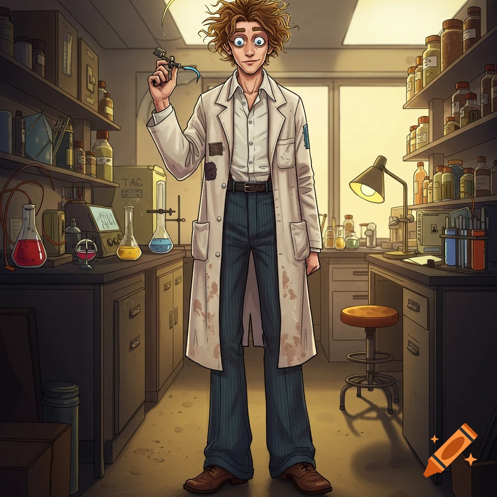 A cartoon scientist with wild hair and a lab coat stands in a cluttered laboratory, holding a syringe.