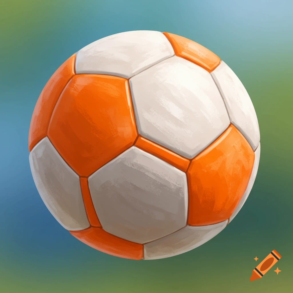A white and orange soccer ball against a blurry green and blue background.