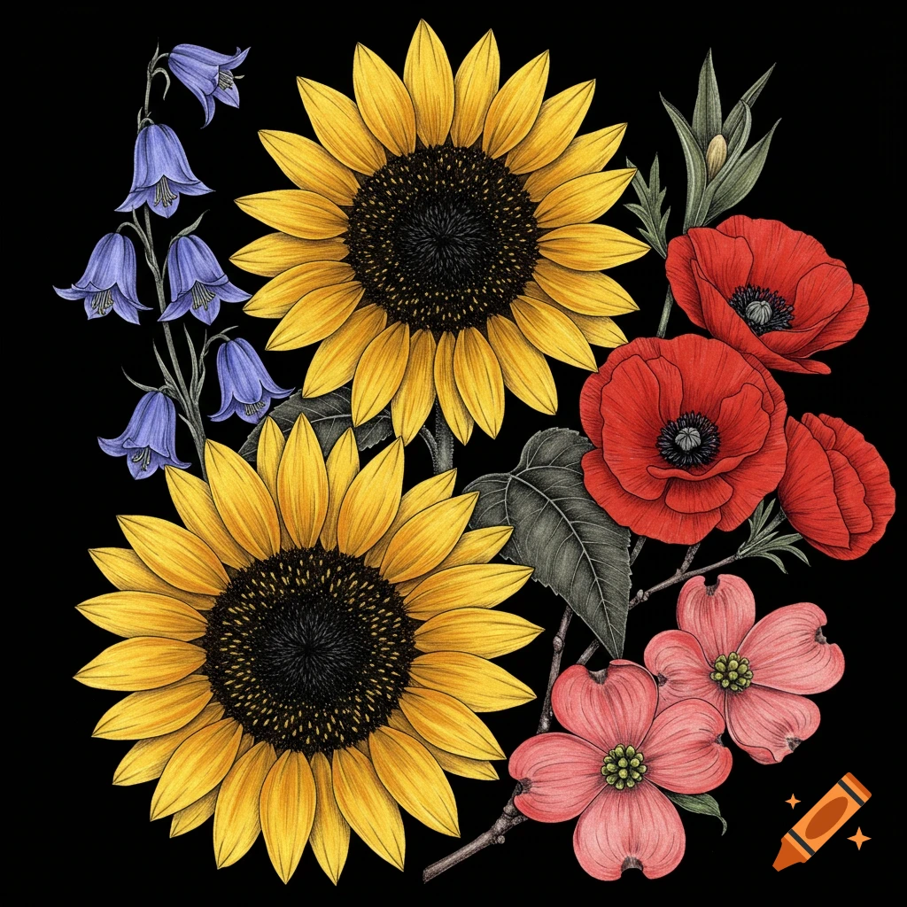 Botanical drawing of sunflowers, bluebells, poppies, and flowering dogwood on a black background.