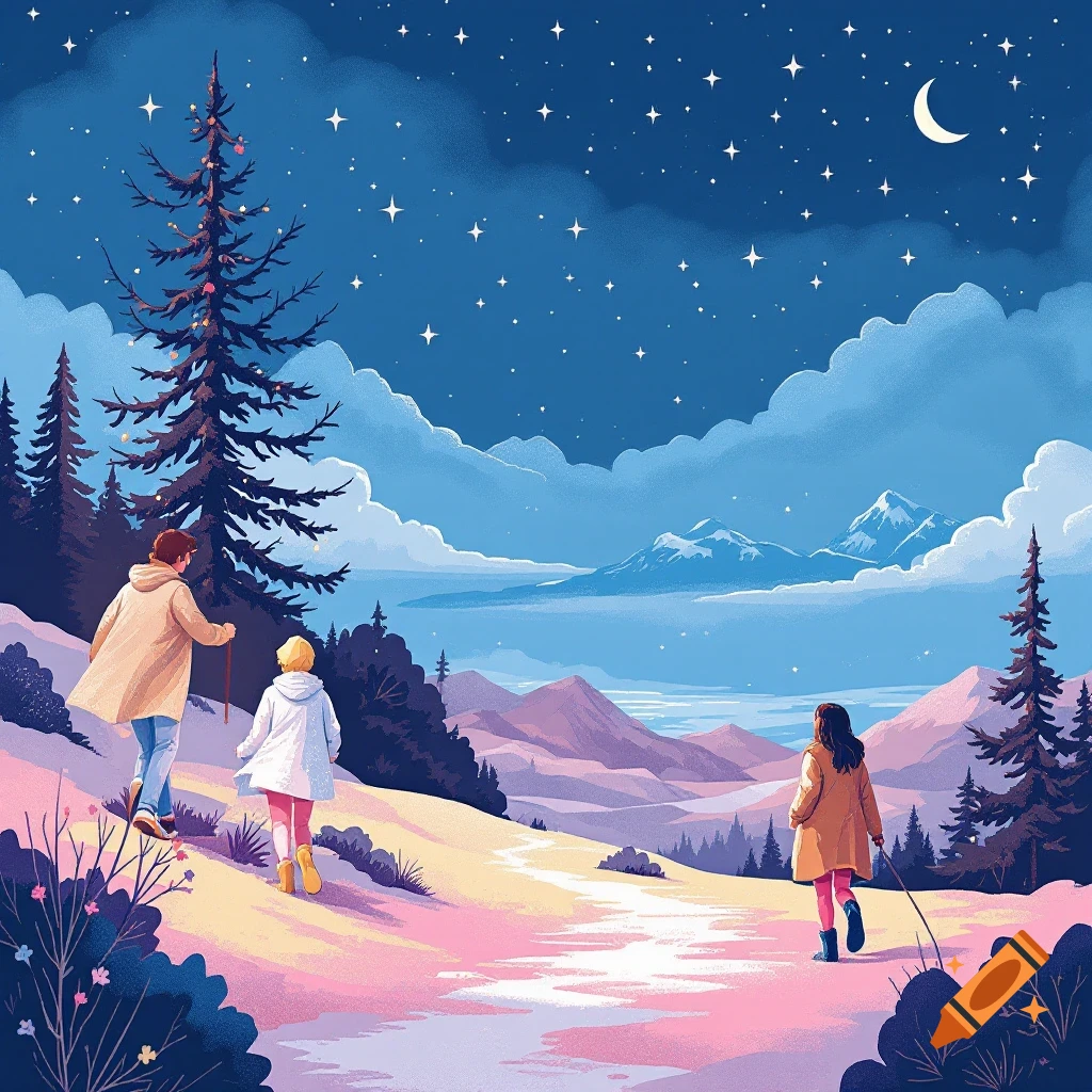 Stylized illustration of three people walking uphill in a snowy landscape under a starry night sky with mountains and trees.