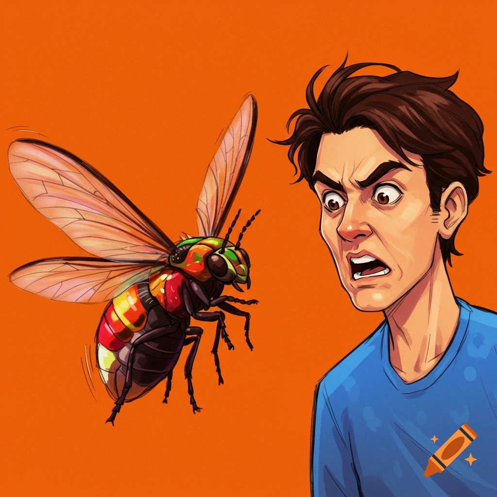 Cartoon illustration of a man looking scared at a large colorful bug.