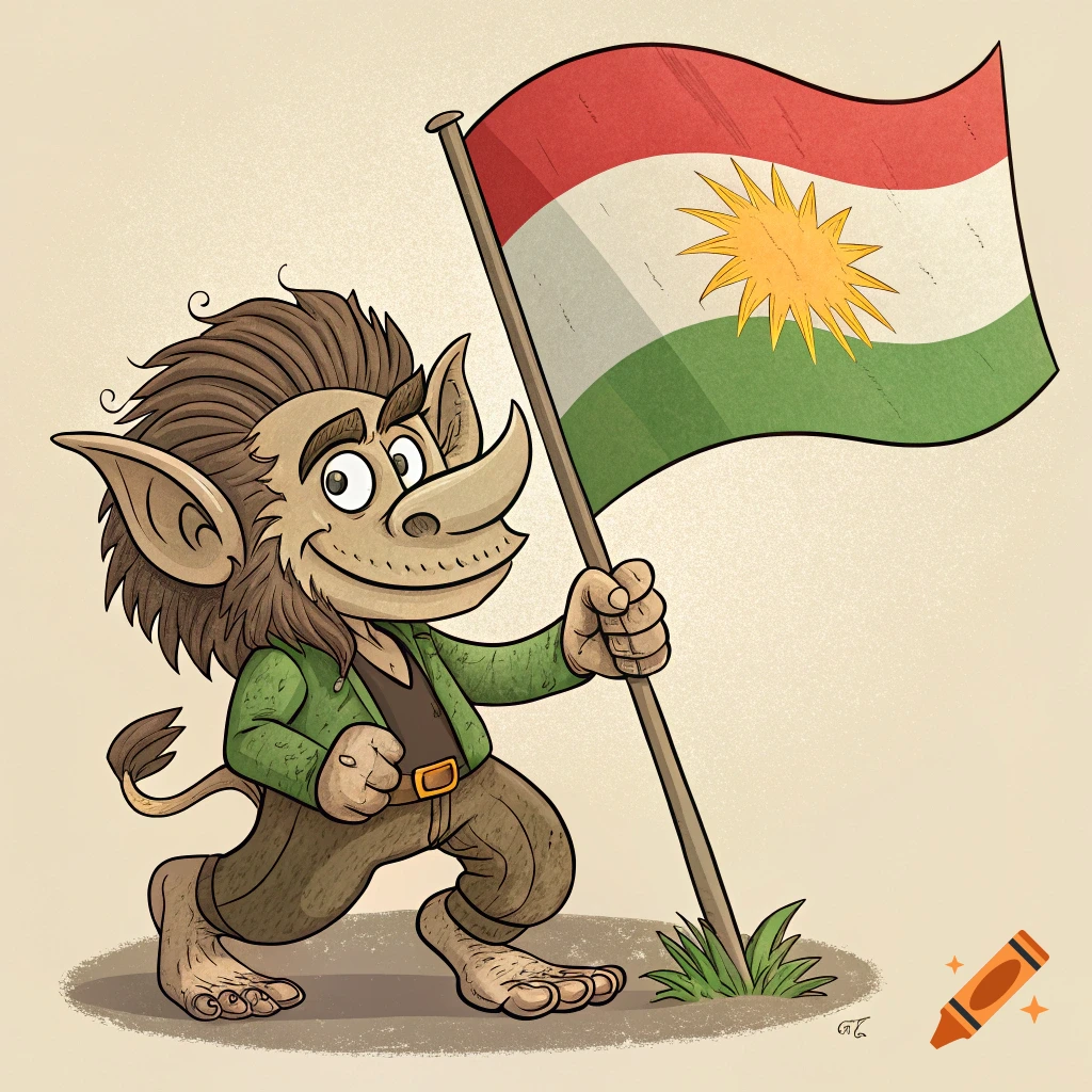 Cartoon illustration of a troll holding the flag of Kurdistan.