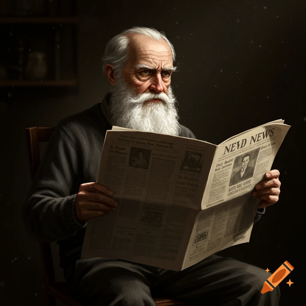 Portrait of an old man with a white beard reading a newspaper in the dark.