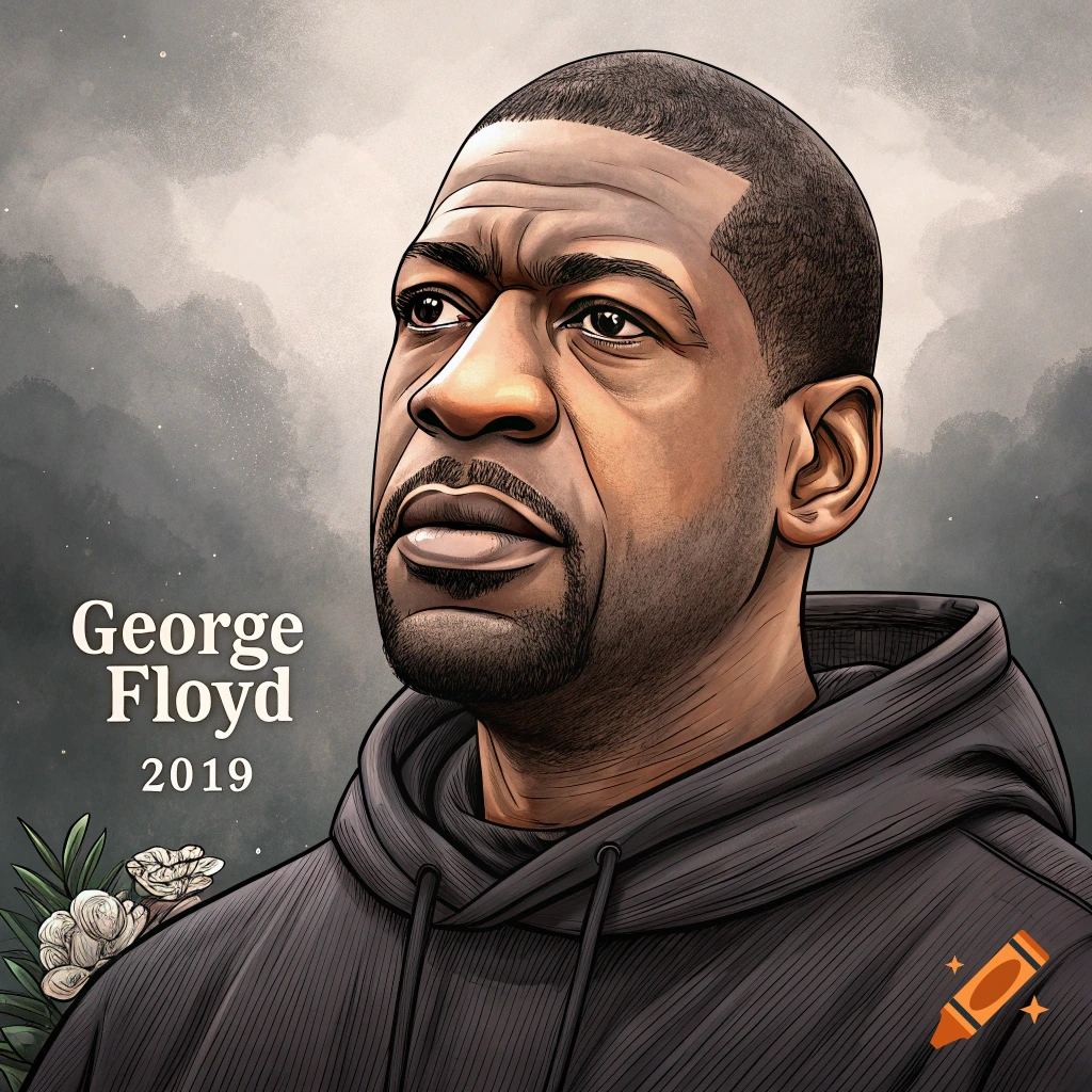 Stylized portrait illustration of George Floyd looking upwards, with text "George Floyd 2019" and flowers.