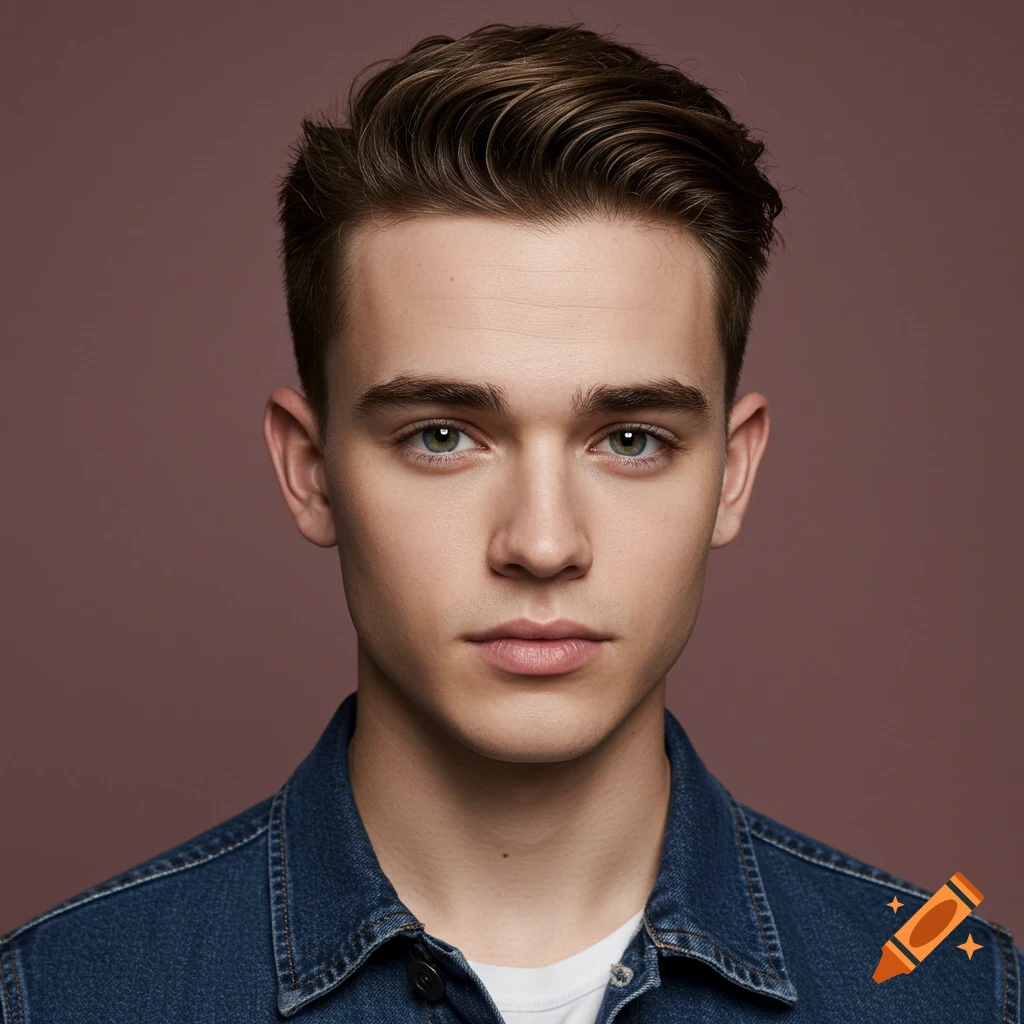 Close-up portrait of a young man with brown hair and green eyes wearing a denim jacket.