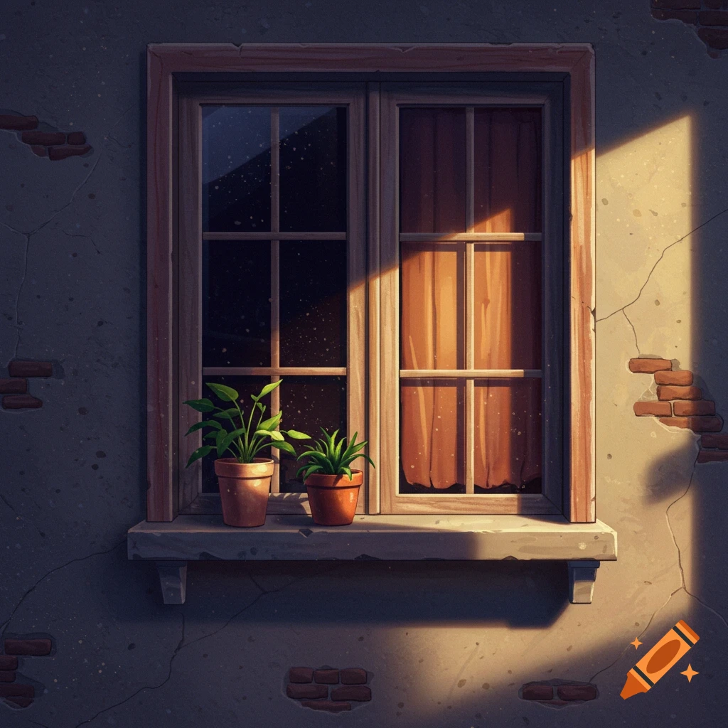 An illustration of a window with potted plants on the sill, lit by sunlight, on an old wall.