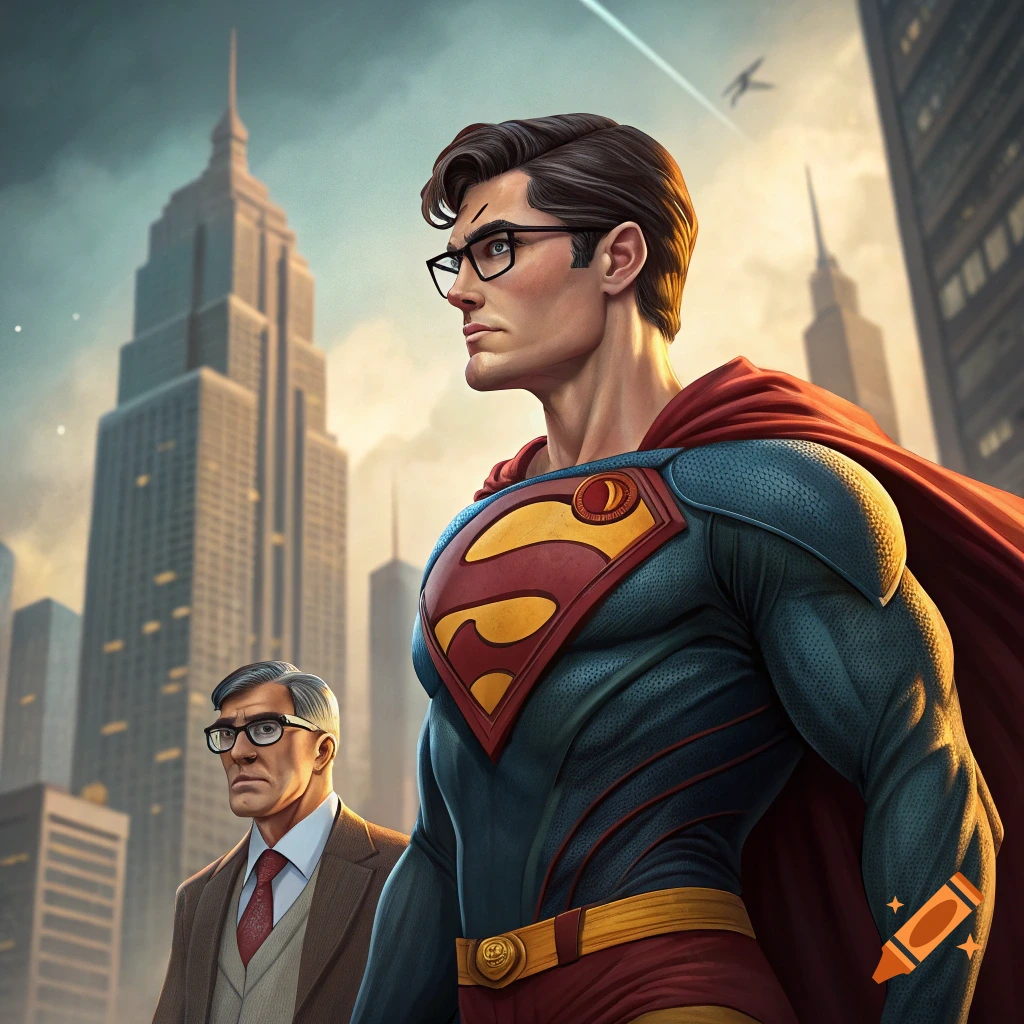 Superman and another man stand in a city in a comic book style.