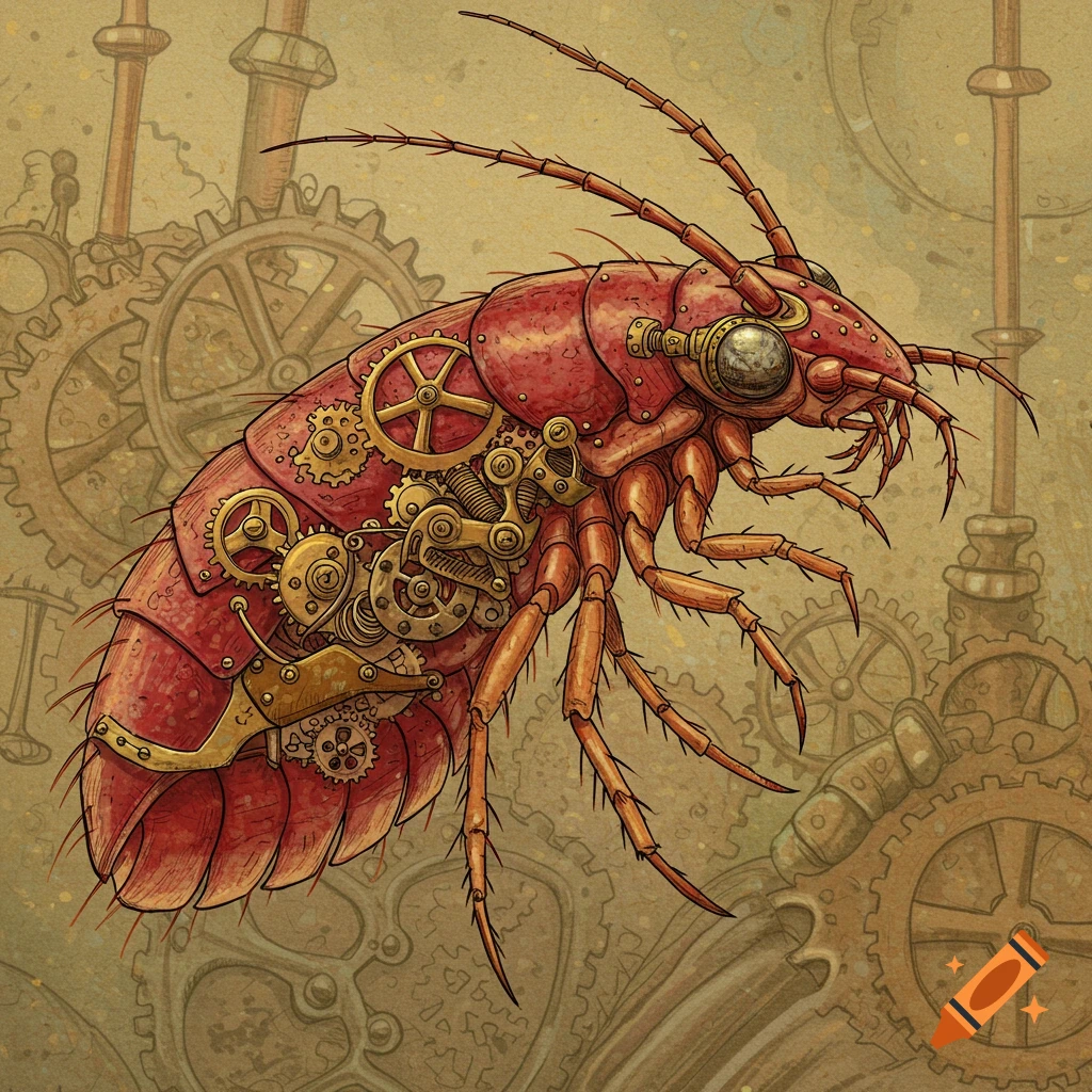 A four-color illustration of a steampunk insect with gears and metal parts.