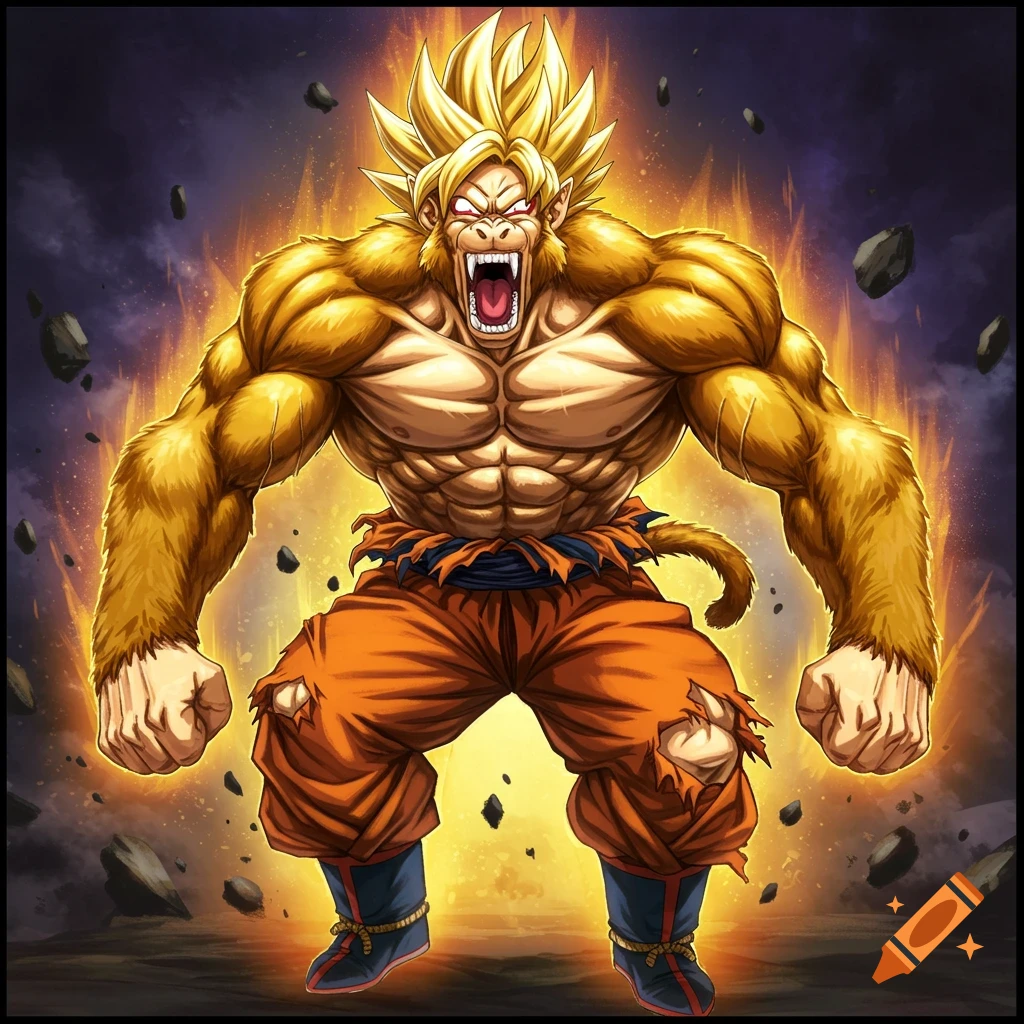 Golden ape-like anime character with spiky hair, large muscles, roaring in energy aura