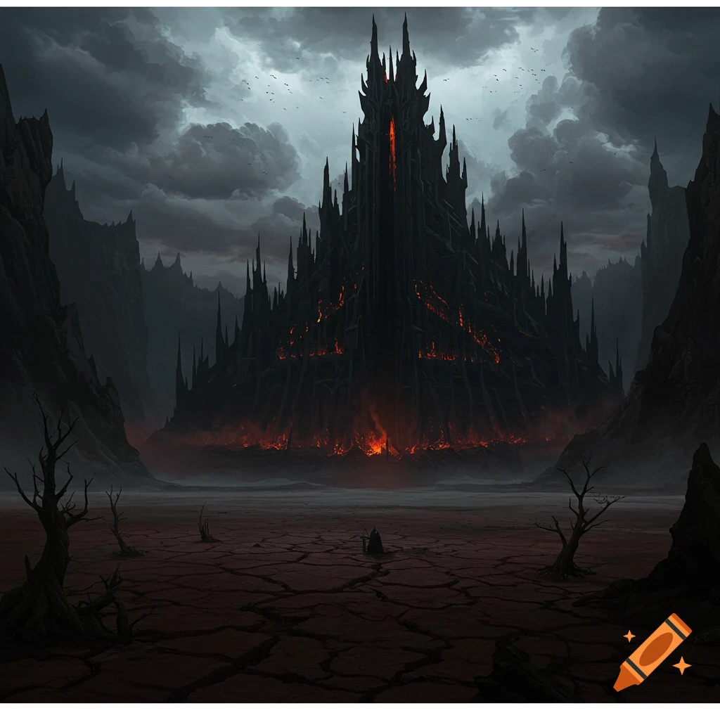 A dark fantasy fortress glowing with fire sits in a cracked, desolate landscape under stormy skies.