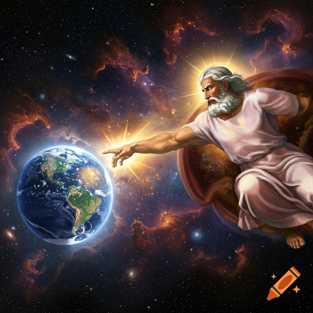 God reaches out to touch the Earth in space, inspired by Michelangelo's Creation of Adam.